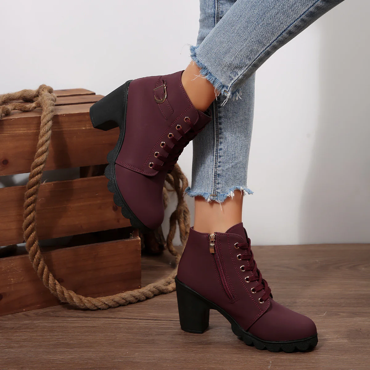 Women's Buckle Decorated Chunky Heel Ankle Boots - Side Zipper & Lace-Up Round Toe Mid-Calf Equestrian Boots