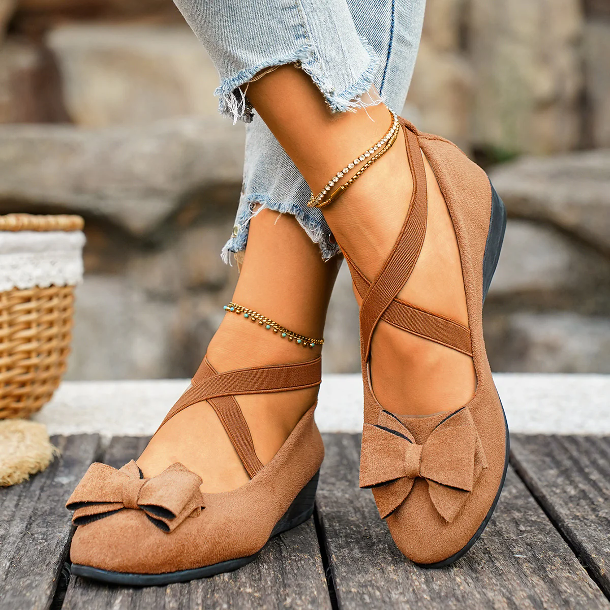 Women’s Elara Bow Suede Wedge Loafers – Elastic Cross-Strap Comfort Slip-Ons