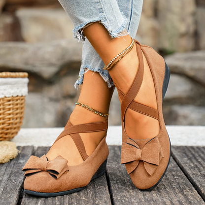 Women’s Elara Bow Suede Wedge Loafers – Elastic Cross-Strap Comfort Slip-Ons