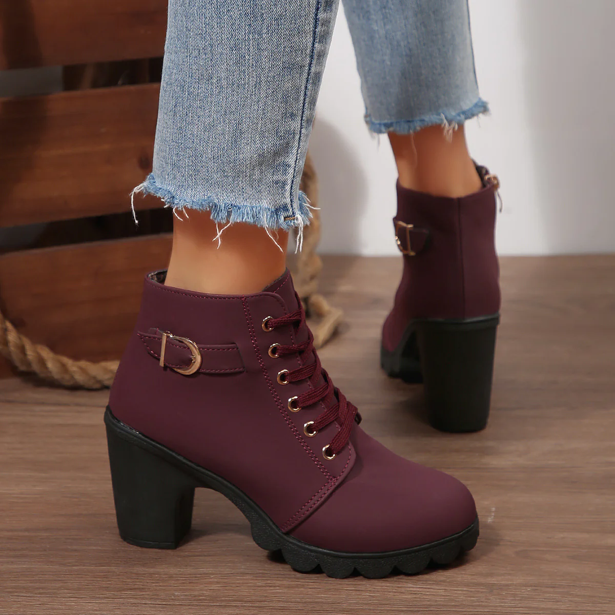 Women's Buckle Decorated Chunky Heel Ankle Boots - Side Zipper & Lace-Up Round Toe Mid-Calf Equestrian Boots