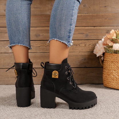 Women's Cowhide Metropolitan Combat Boot - Waterproof Block Heel Ankle Boots with Extended Sizes & Commuter-Ready Traction