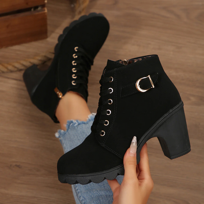Women's Buckle Decorated Chunky Heel Ankle Boots - Side Zipper & Lace-Up Round Toe Mid-Calf Equestrian Boots