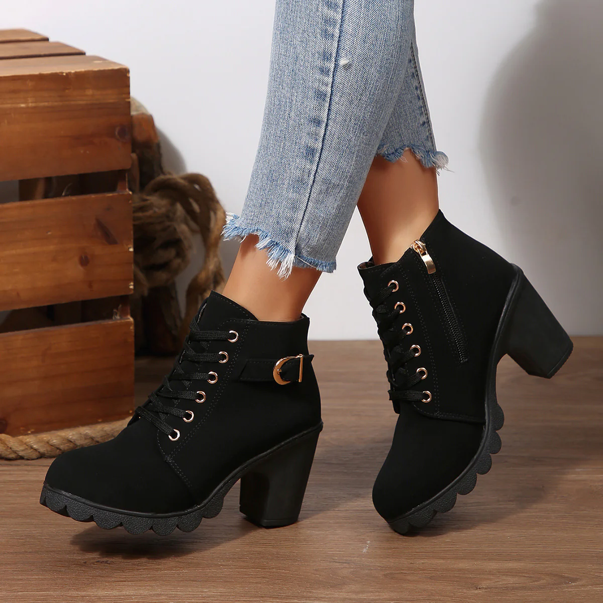 Women's Buckle Decorated Chunky Heel Ankle Boots - Side Zipper & Lace-Up Round Toe Mid-Calf Equestrian Boots