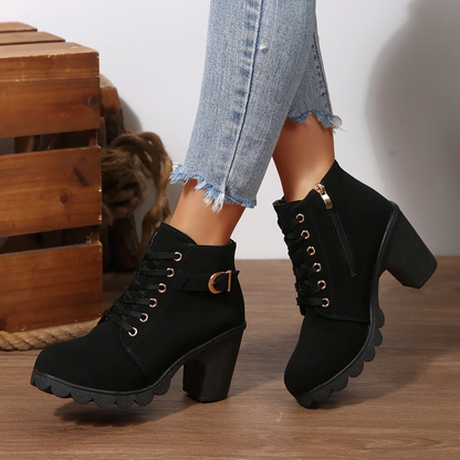Women's Buckle Decorated Chunky Heel Ankle Boots - Side Zipper & Lace-Up Round Toe Mid-Calf Equestrian Boots