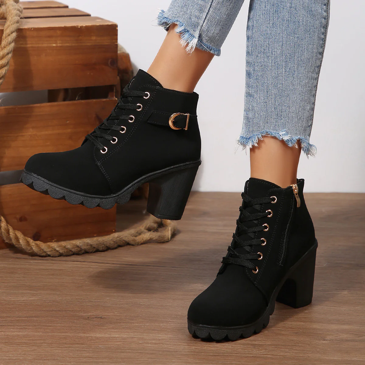 Women's Buckle Decorated Chunky Heel Ankle Boots - Side Zipper & Lace-Up Round Toe Mid-Calf Equestrian Boots