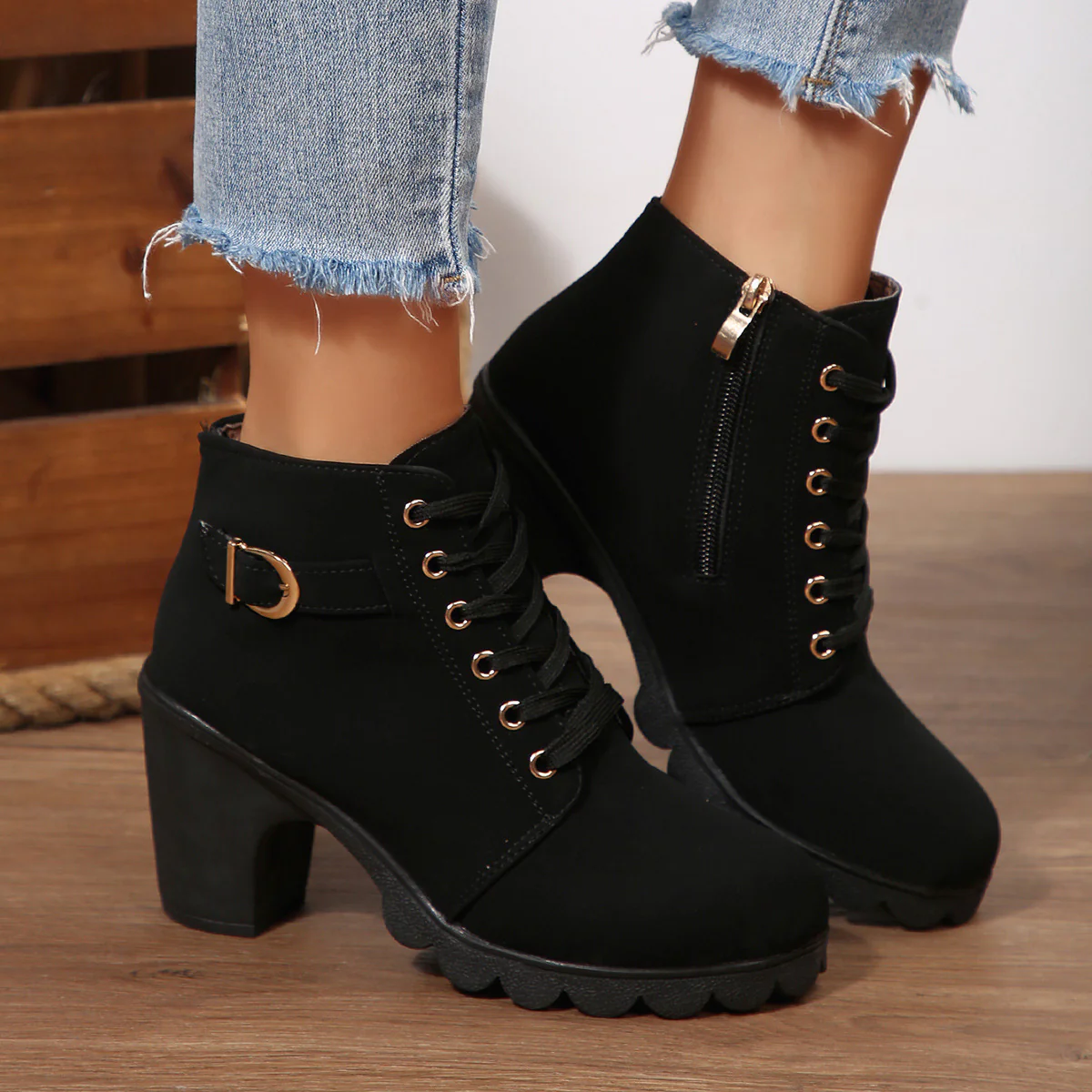 Women's Buckle Decorated Chunky Heel Ankle Boots - Side Zipper & Lace-Up Round Toe Mid-Calf Equestrian Boots
