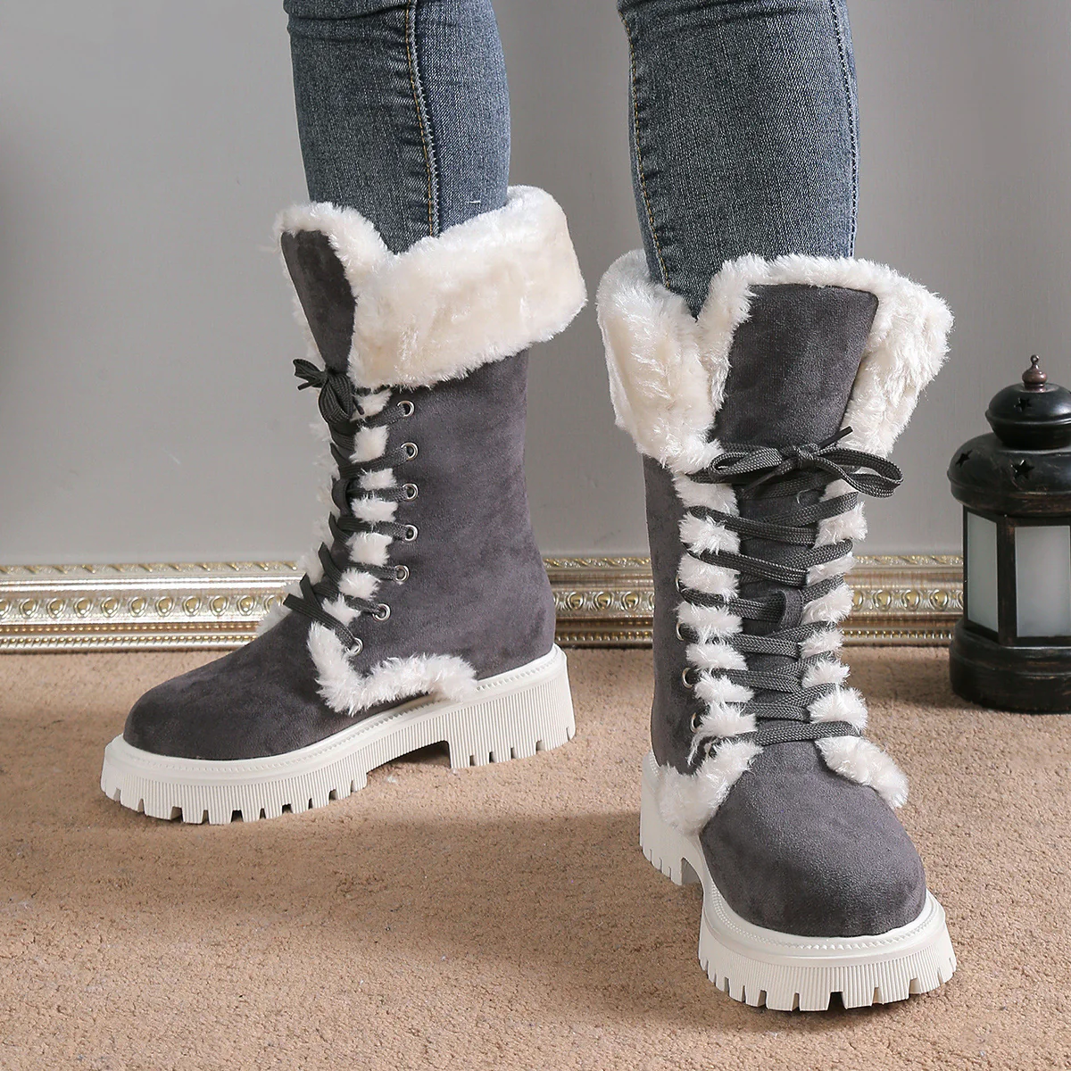 Winter New Women's Velvet Mid-Tube Cotton Boots with Thickened Lining and Height-Enhancing Design