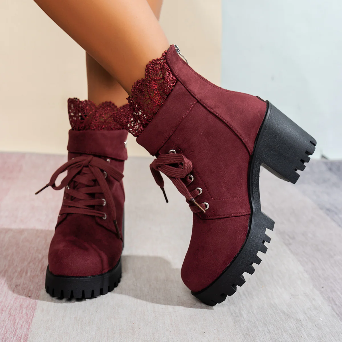 Women's Lace & Suede Heeled Boots - Chunky Heel Round Toe Vintage Ankle Boots