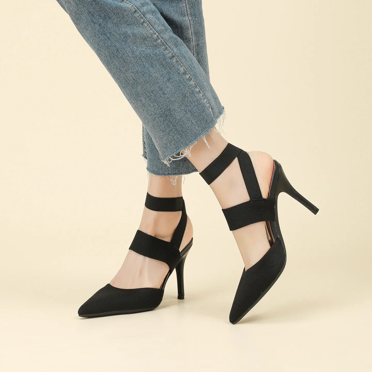 Women’s Amara Fabric Ankle-Strap Stiletto Pumps – Pointed-Toe Hollow Side Elegant Heels
