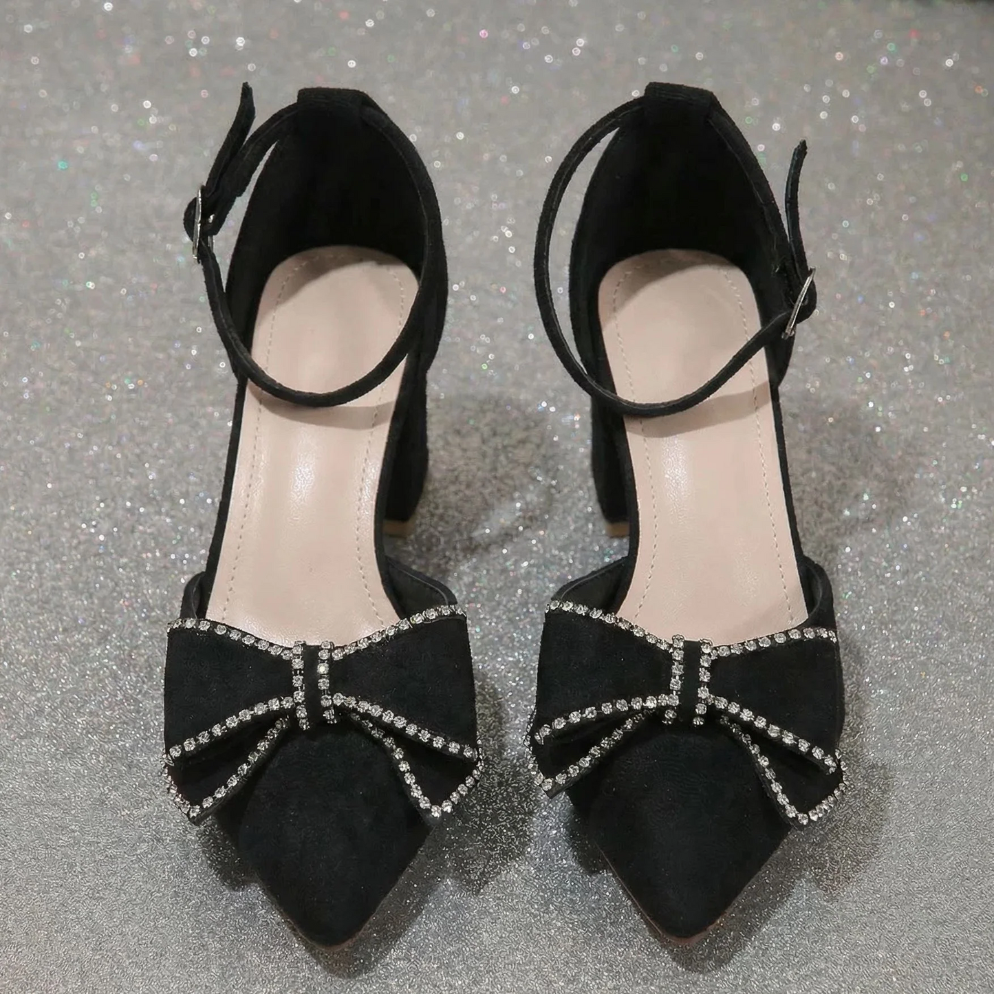 Women’s Bowelle Crystal Pointed Toe Buckle Heels – Hollow Closed Toe Bow High Heels