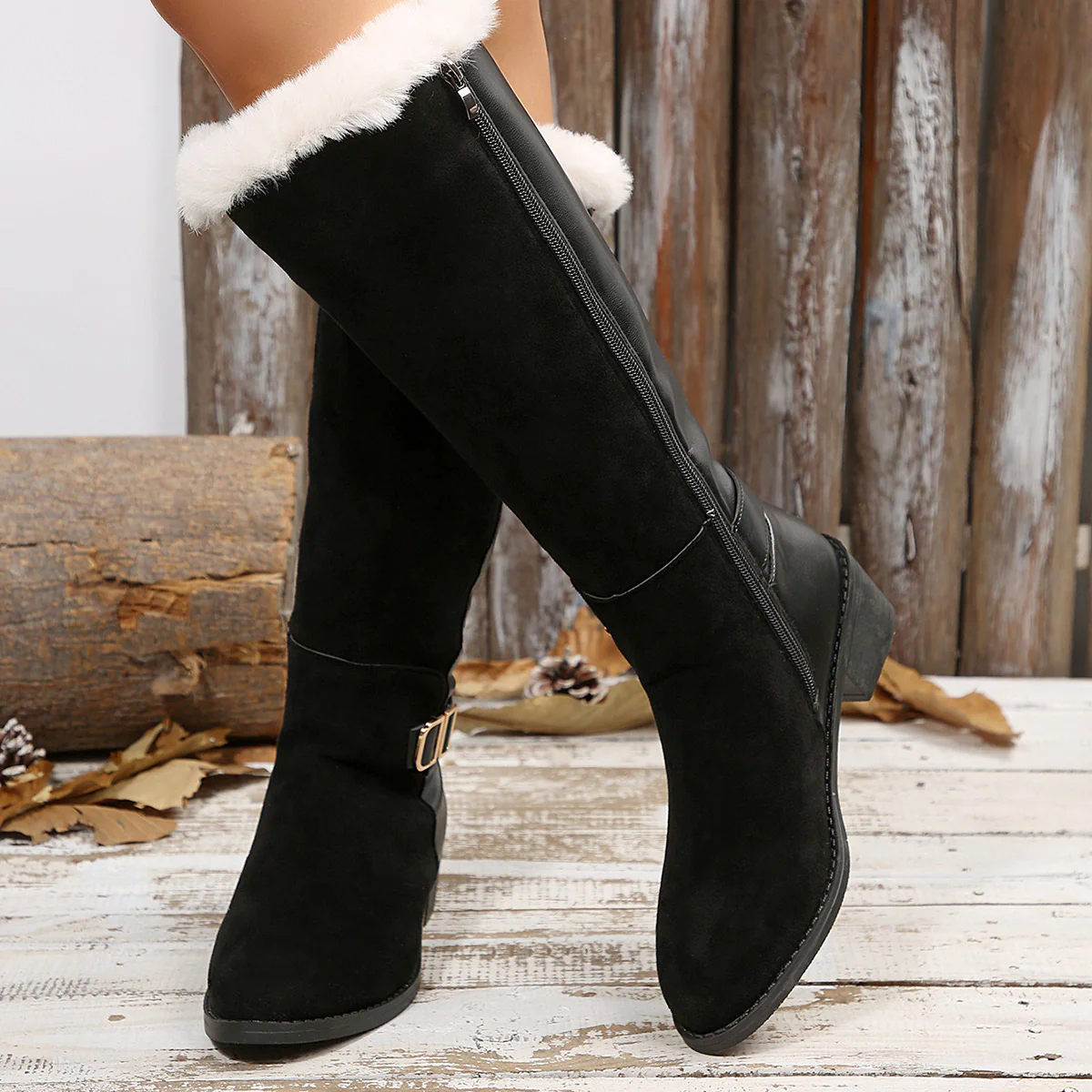 Women's PatchKiss Long Boots - Fleece-Lined Patchwork Snow Boots with Fur Cuff
