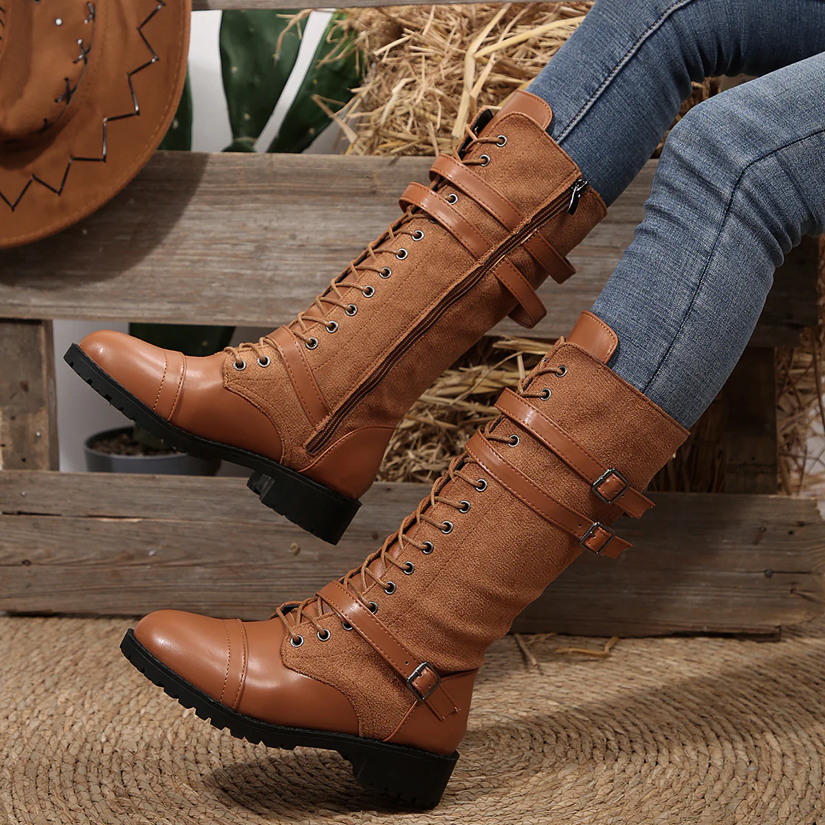 Women's Rogue Riding Boots - PU & Denim Lace-Up Combat Boots