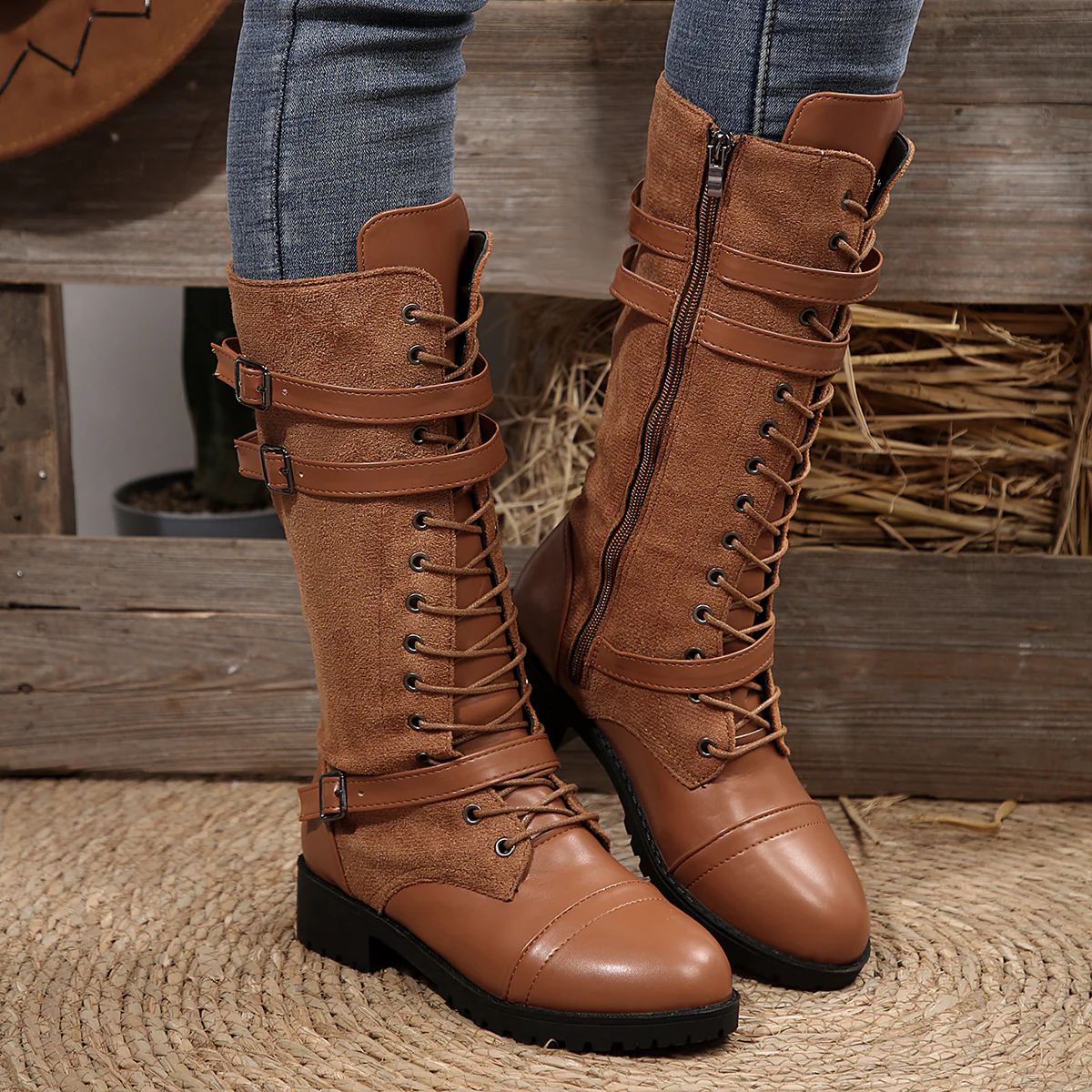 Women's Rogue Riding Boots - PU & Denim Lace-Up Combat Boots
