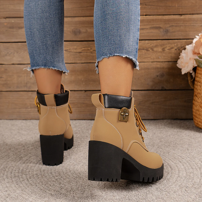 Women's Cowhide Metropolitan Combat Boot - Waterproof Block Heel Ankle Boots with Extended Sizes & Commuter-Ready Traction