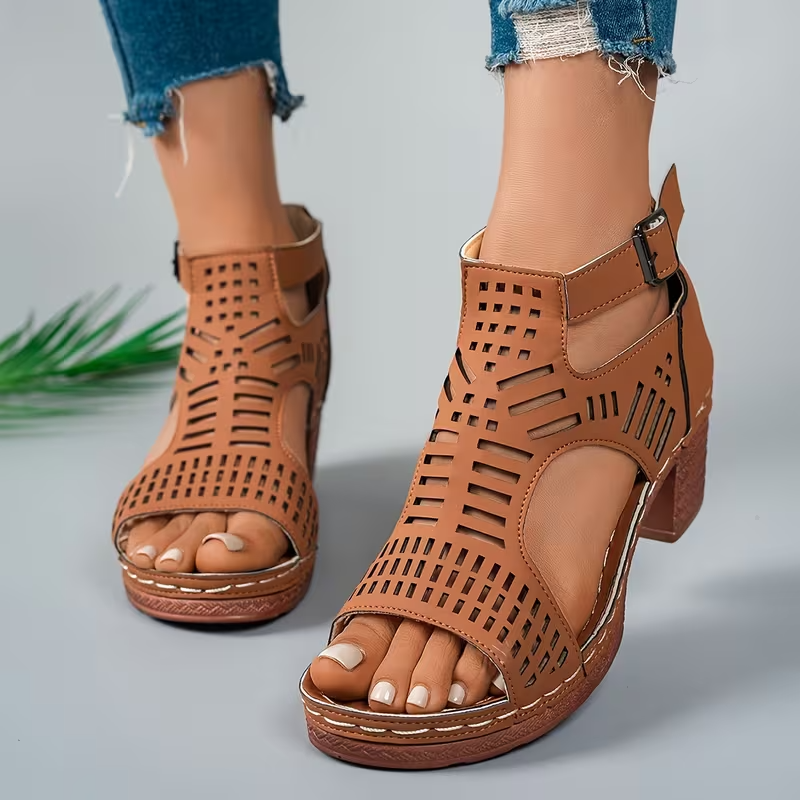 Women’s Cove Buckle Peep-Toe Heels – Cutout Chunky High Heel Sandals