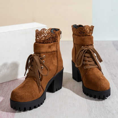 Women's Lace & Suede Heeled Boots - Chunky Heel Round Toe Vintage Ankle Boots
