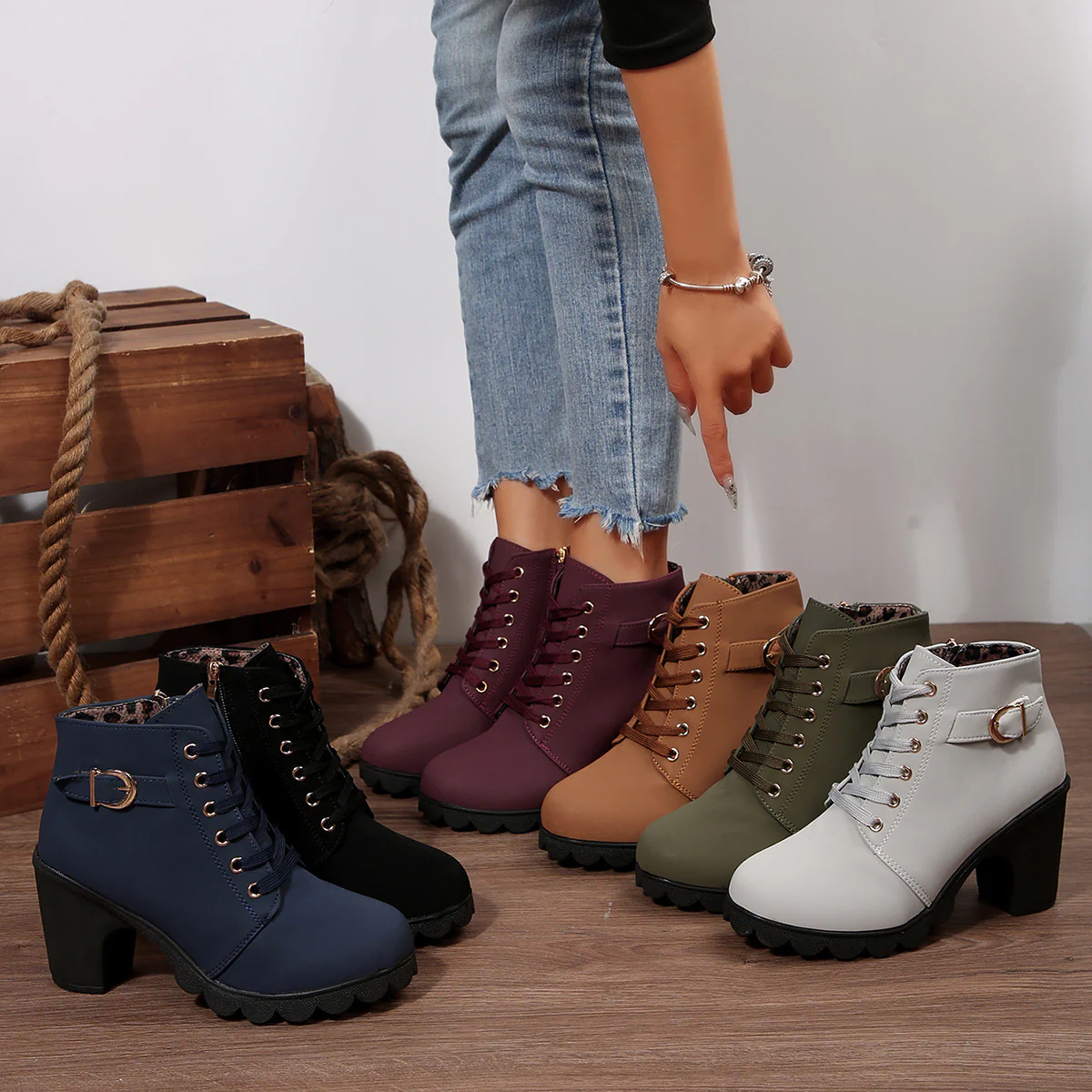 Women's Buckle Decorated Chunky Heel Ankle Boots - Side Zipper & Lace-Up Round Toe Mid-Calf Equestrian Boots