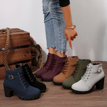 Women's Buckle Decorated Chunky Heel Ankle Boots - Side Zipper & Lace-Up Round Toe Mid-Calf Equestrian Boots