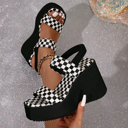 Women’s Livia Checkered Platform Sandals – Chunky Heel Breathable Casual Summer Shoes