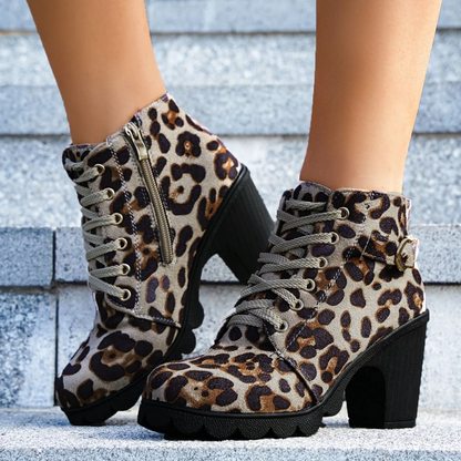 Women's Buckle Decorated Chunky Heel Ankle Boots - Side Zipper & Lace-Up Round Toe Mid-Calf Equestrian Boots