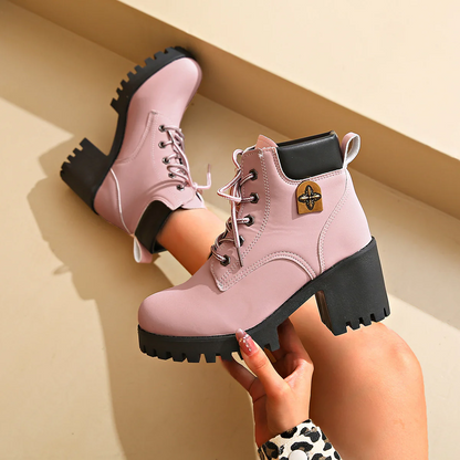 Women's Cowhide Metropolitan Combat Boot - Waterproof Block Heel Ankle Boots with Extended Sizes & Commuter-Ready Traction