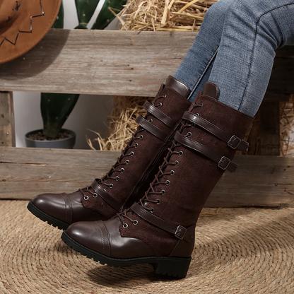 Women's Rogue Riding Boots - PU & Denim Lace-Up Combat Boots