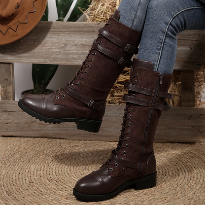 Women's Rogue Riding Boots - PU & Denim Lace-Up Combat Boots