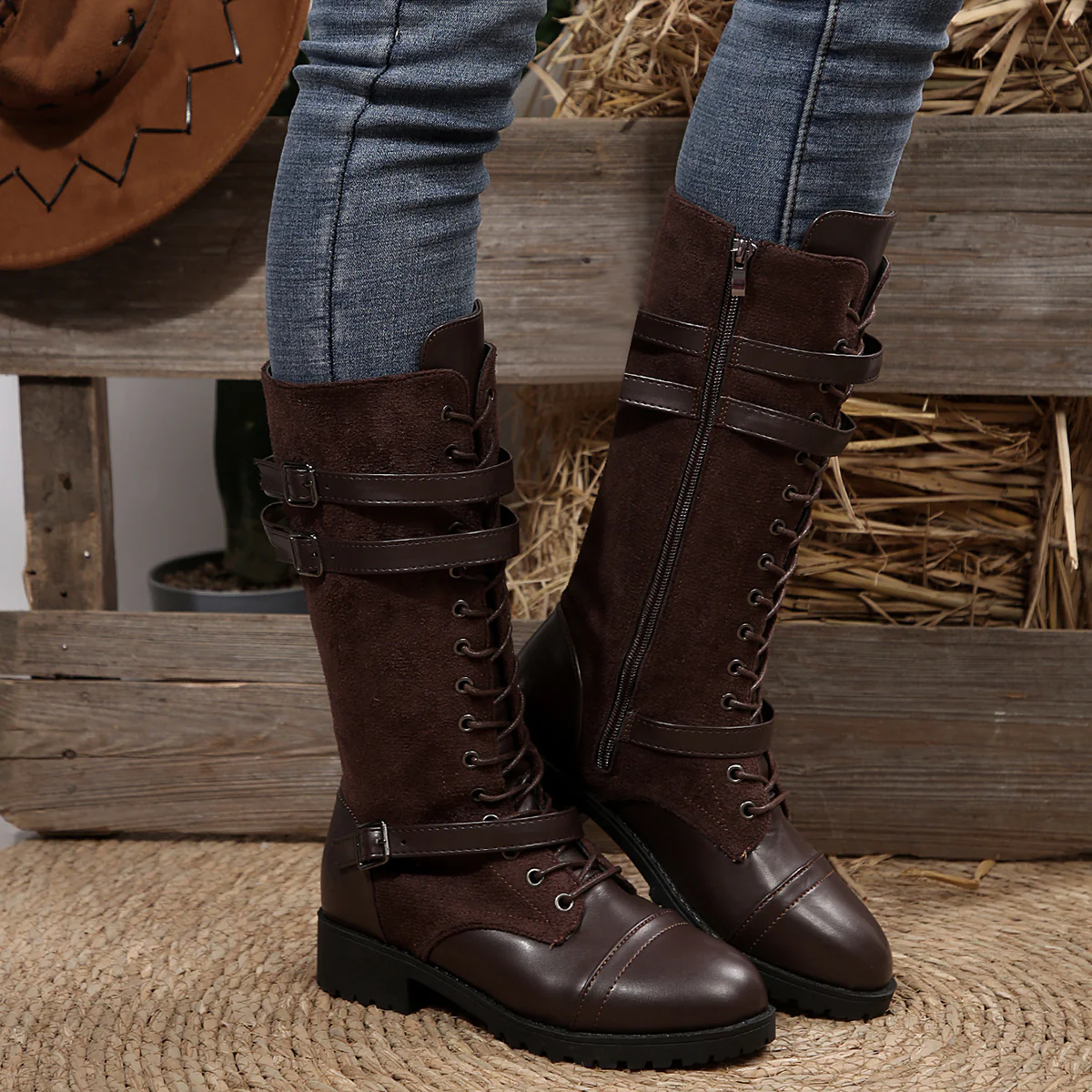 Women's Rogue Riding Boots - PU & Denim Lace-Up Combat Boots