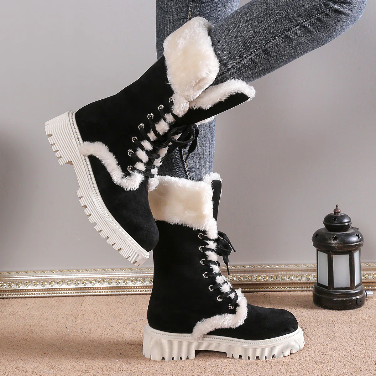 Winter New Women's Velvet Mid-Tube Cotton Boots with Thickened Lining and Height-Enhancing Design