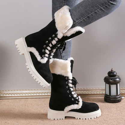 Winter New Women's Velvet Mid-Tube Cotton Boots with Thickened Lining and Height-Enhancing Design