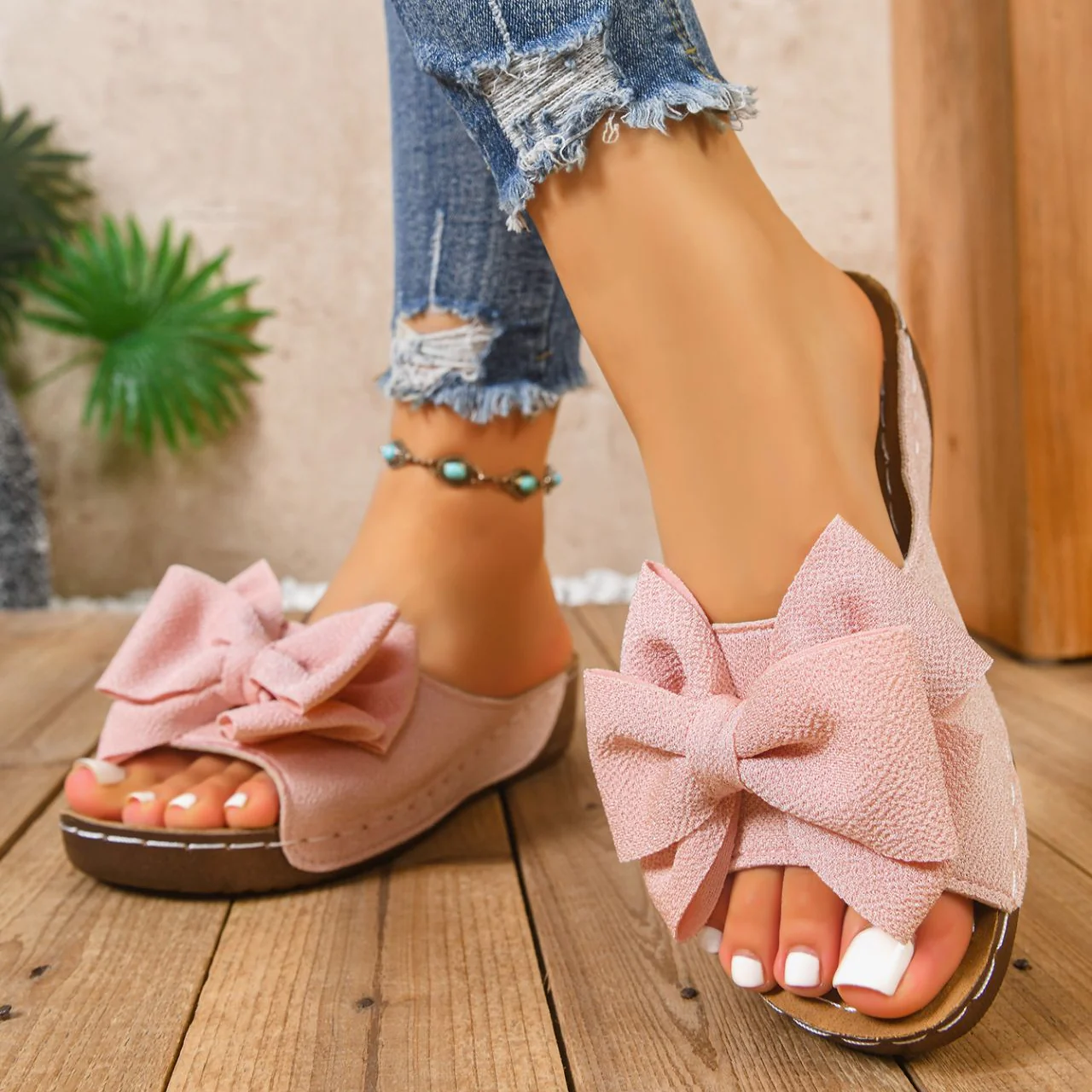 Women’s Liora Bow Flower Platform Wedge Slide Sandals – Peep-Toe Wide Strap Summer Slides
