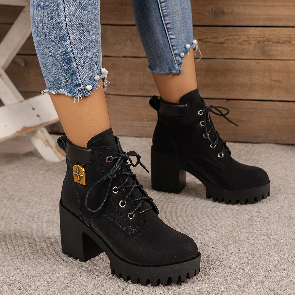 Women's Cowhide Metropolitan Combat Boot - Waterproof Block Heel Ankle Boots with Extended Sizes & Commuter-Ready Traction