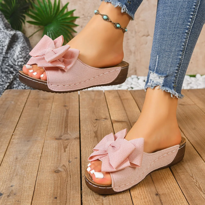 Women’s Liora Bow Flower Platform Wedge Slide Sandals – Peep-Toe Wide Strap Summer Slides