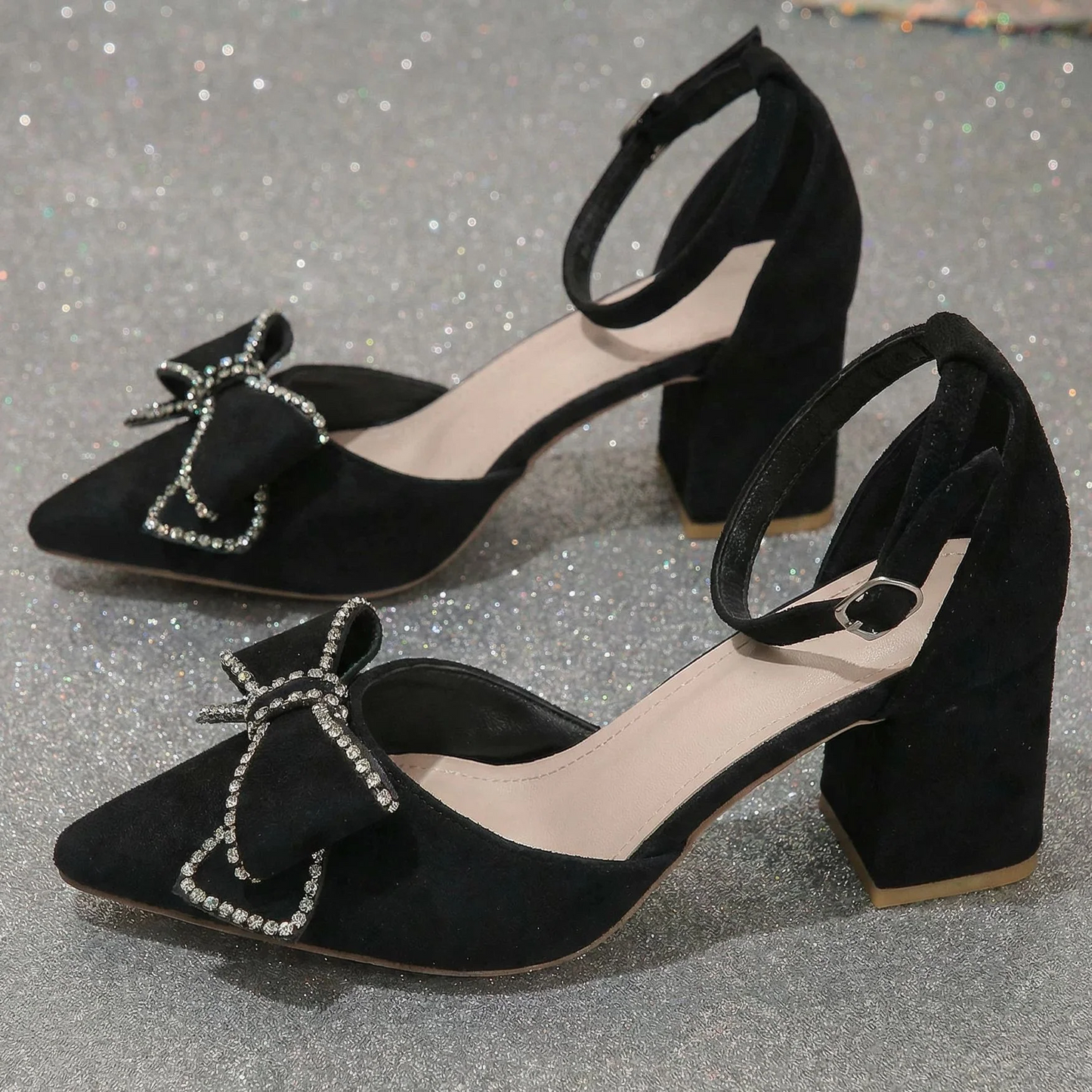 Women’s Bowelle Crystal Pointed Toe Buckle Heels – Hollow Closed Toe Bow High Heels
