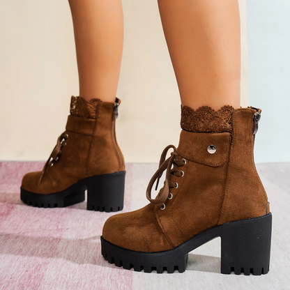 Women's Lace & Suede Heeled Boots - Chunky Heel Round Toe Vintage Ankle Boots