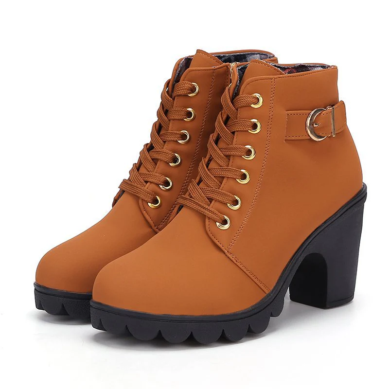 Women's Buckle Decorated Chunky Heel Ankle Boots - Side Zipper & Lace-Up Round Toe Mid-Calf Equestrian Boots