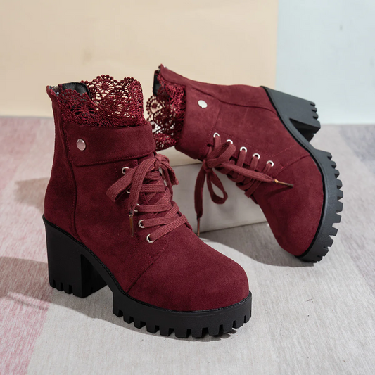 Women's Lace & Suede Heeled Boots - Chunky Heel Round Toe Vintage Ankle Boots
