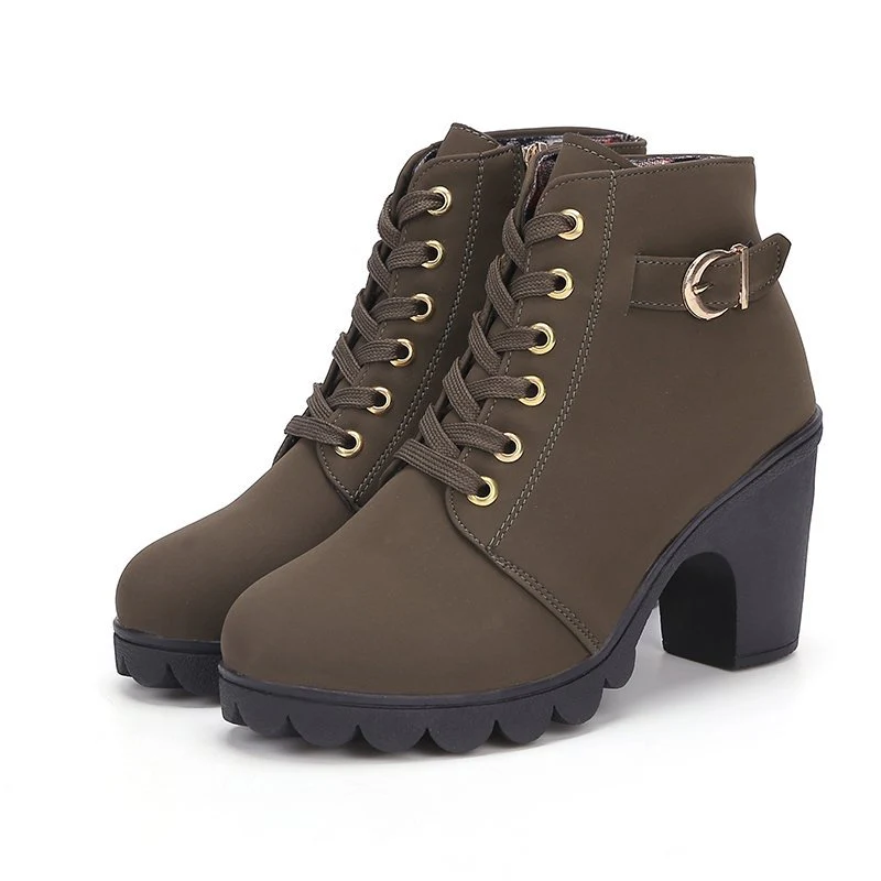 Women's Buckle Decorated Chunky Heel Ankle Boots - Side Zipper & Lace-Up Round Toe Mid-Calf Equestrian Boots