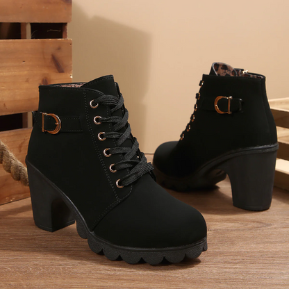 Women's Buckle Decorated Chunky Heel Ankle Boots - Side Zipper & Lace-Up Round Toe Mid-Calf Equestrian Boots