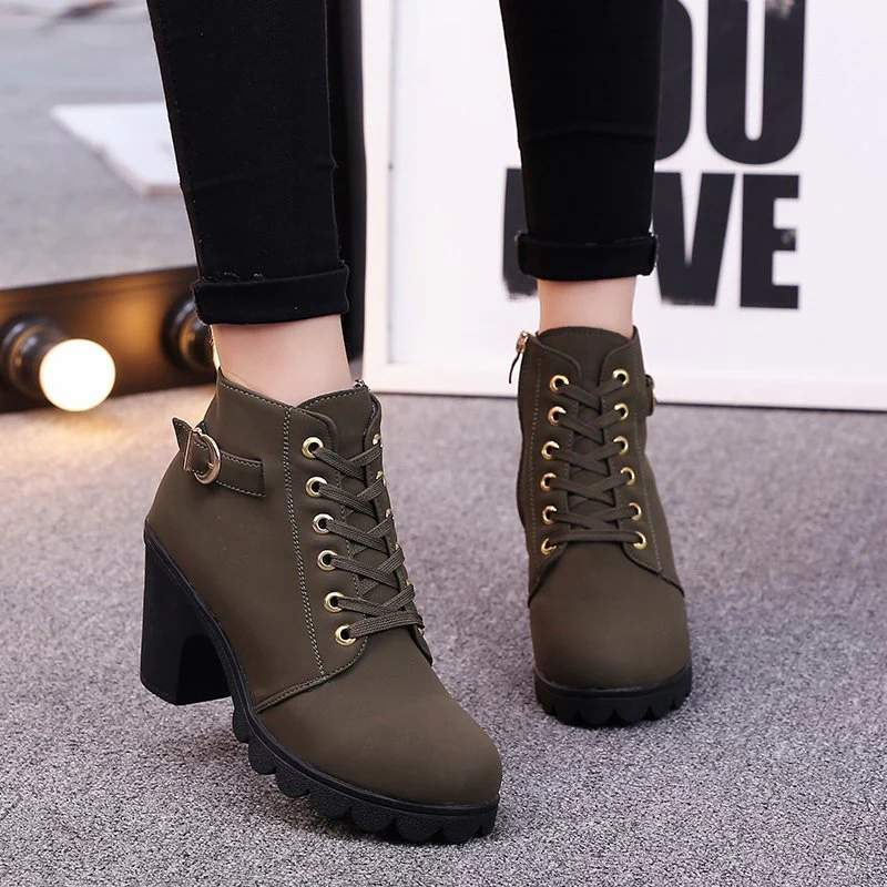 Women's Buckle Decorated Chunky Heel Ankle Boots - Side Zipper & Lace-Up Round Toe Mid-Calf Equestrian Boots