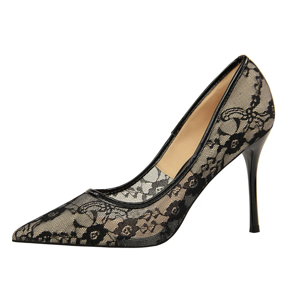 Women’s Valeria Lace Mesh Stiletto Pumps – Pointed-Toe Hollow Elegant Heels