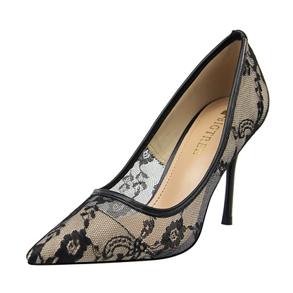 Women’s Valeria Lace Mesh Stiletto Pumps – Pointed-Toe Hollow Elegant Heels
