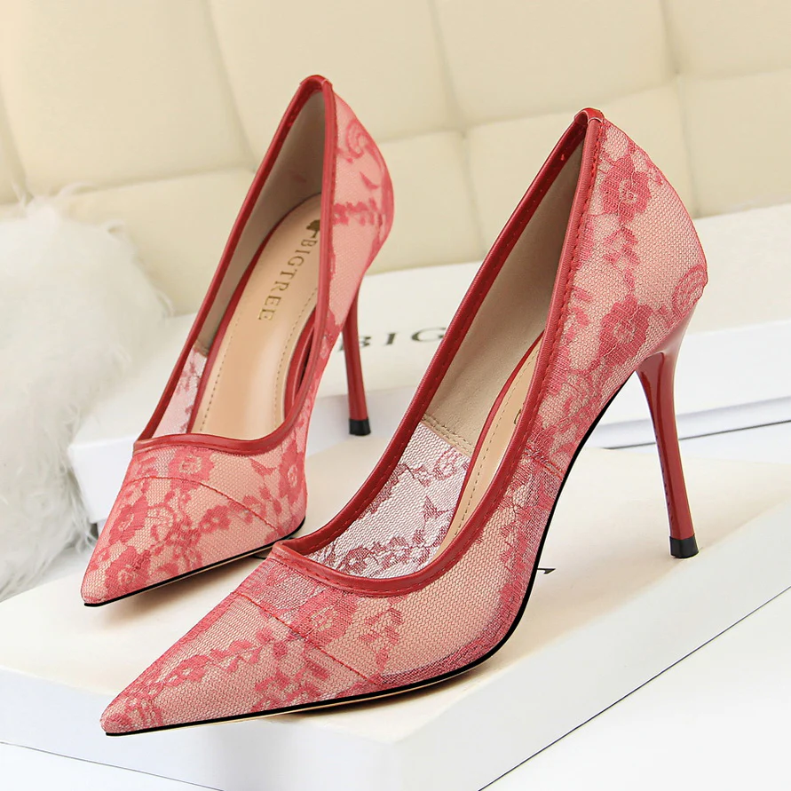 Women’s Valeria Lace Mesh Stiletto Pumps – Pointed-Toe Hollow Elegant Heels