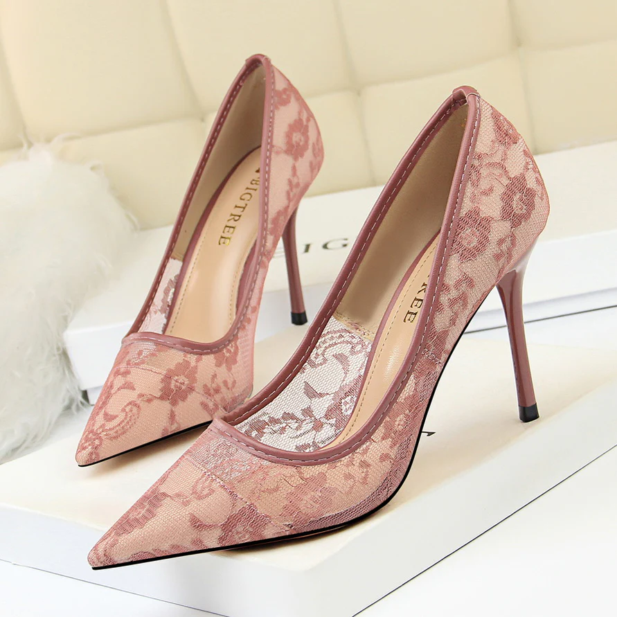 Women’s Valeria Lace Mesh Stiletto Pumps – Pointed-Toe Hollow Elegant Heels