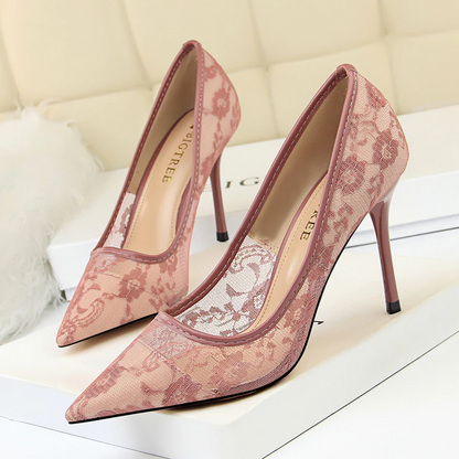 Women’s Valeria Lace Mesh Stiletto Pumps – Pointed-Toe Hollow Elegant Heels