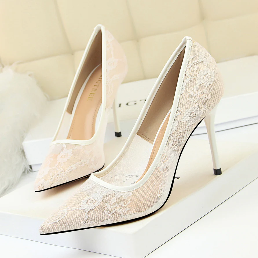 Women’s Valeria Lace Mesh Stiletto Pumps – Pointed-Toe Hollow Elegant Heels