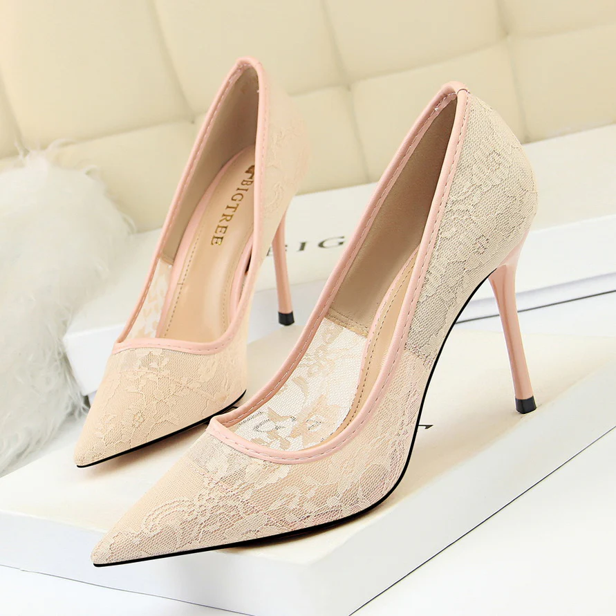 Women’s Valeria Lace Mesh Stiletto Pumps – Pointed-Toe Hollow Elegant Heels