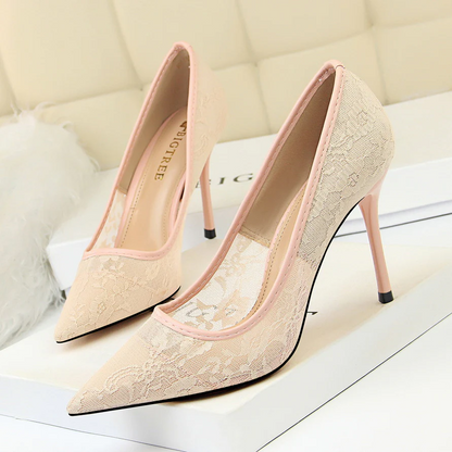Women’s Valeria Lace Mesh Stiletto Pumps – Pointed-Toe Hollow Elegant Heels