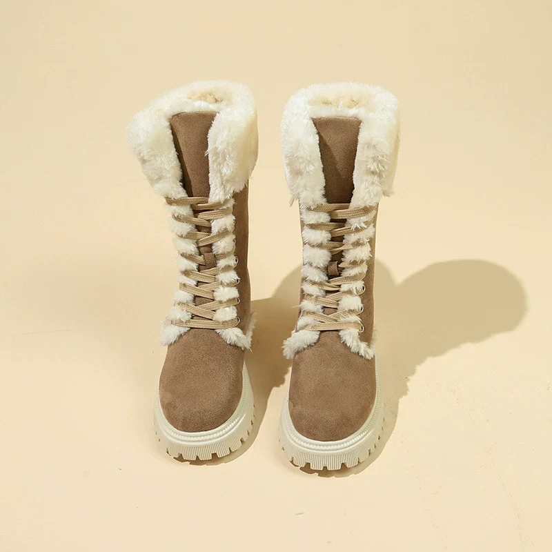 Winter New Women's Velvet Mid-Tube Cotton Boots with Thickened Lining and Height-Enhancing Design