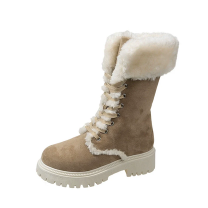 Winter New Women's Velvet Mid-Tube Cotton Boots with Thickened Lining and Height-Enhancing Design